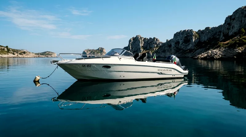 Speedboat positioned in flat calm water during December morning at Ang Thong
