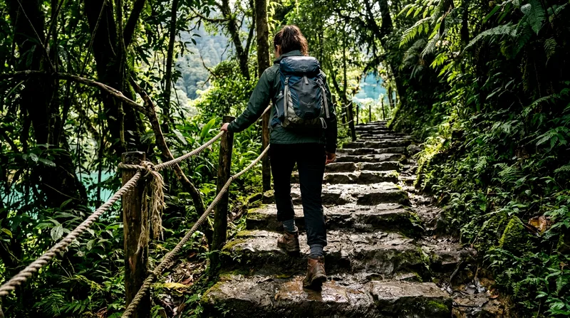 Solo hiker climbing steep uneven limestone steps with rope railings