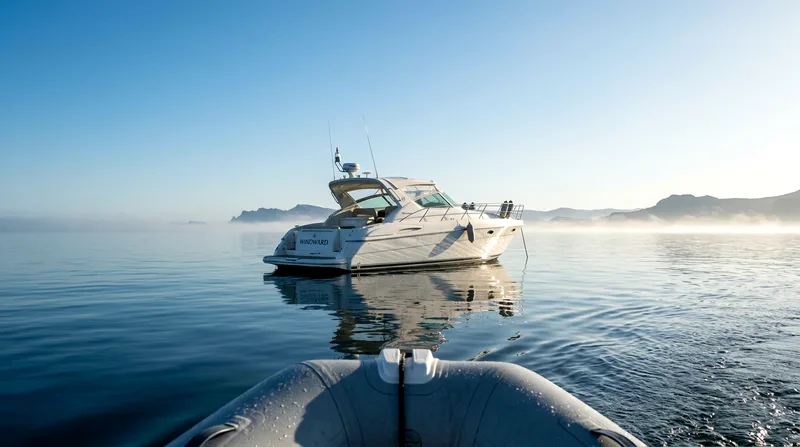 Speedboat anchored offshore in flat calm water on clear December morning