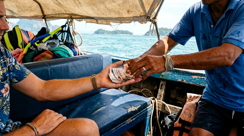 Tour guide collecting Thai baht payment from tourists on a speedboat