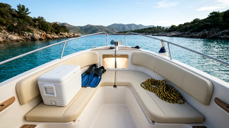 Private speedboat cabin interior with cushioned seating and cooler box