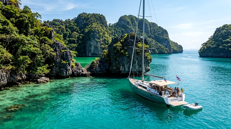Private charter boat anchored near Emerald Lake, Angthong Marine Park private tour
