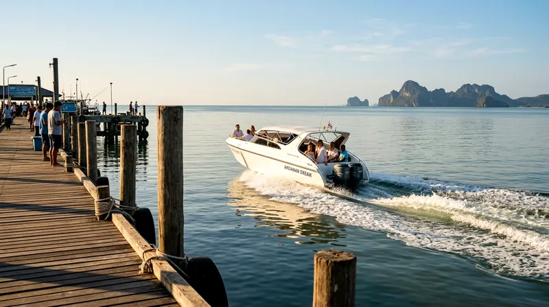 Private speedboat departing Nathon pier at sunrise toward Ang Thong