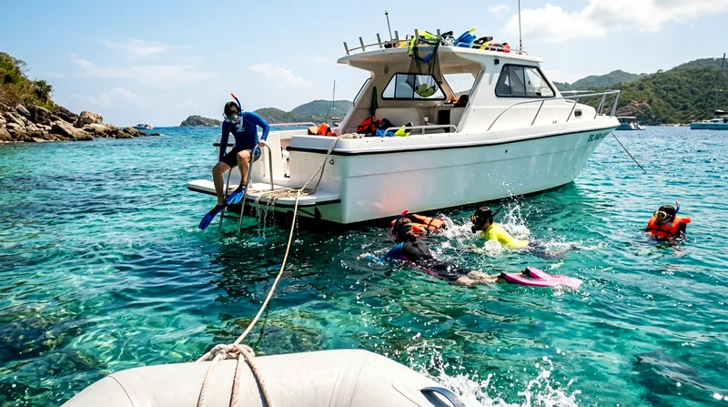 Speedboat anchored near Koh Wao with snorkelers entering the water