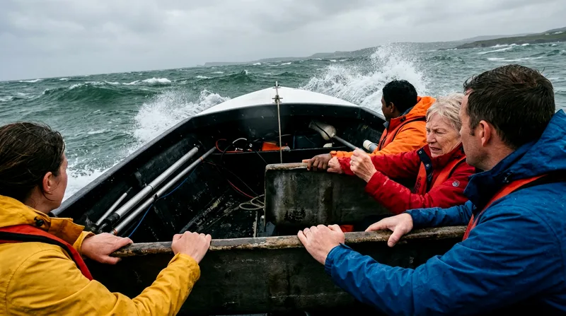 Speedboat's small open cabin with four passengers holding on during choppy sea conditions