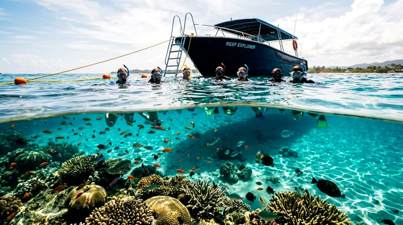 Snorkelers underwater viewing coral reef at Koh Sam Sao with speedboat visible above