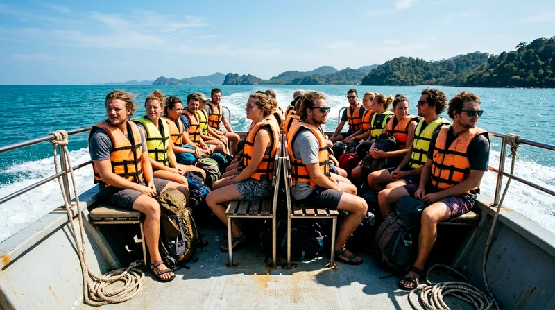 Backpackers in life jackets on crowded group speedboat deck