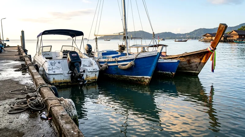 Three different boat types moored side-by-side at a Samui pier
