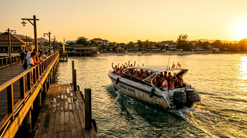 Sunset cruise departure from Bophut Pier at 5:45 PM in December with golden light