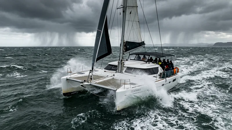 Catamaran navigating through rain squalls and grey skies during monsoon season