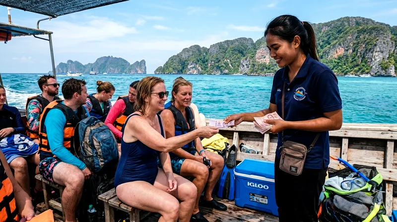 Tour guide collecting cash payment from snorkeling tour passengers