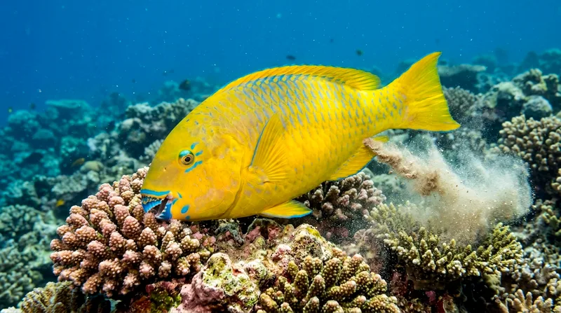 Underwater photo of parrotfish grazing on coral at Japanese Garden reef