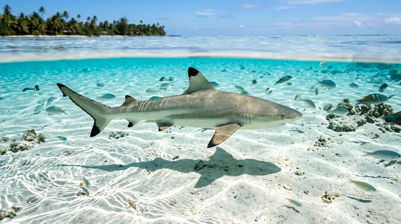 Blacktip reef shark swimming in one meter shallow water at Shark Bay