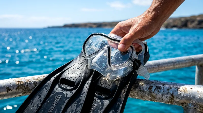 Tourist's hand holding rental snorkel mask, fins on boat deck