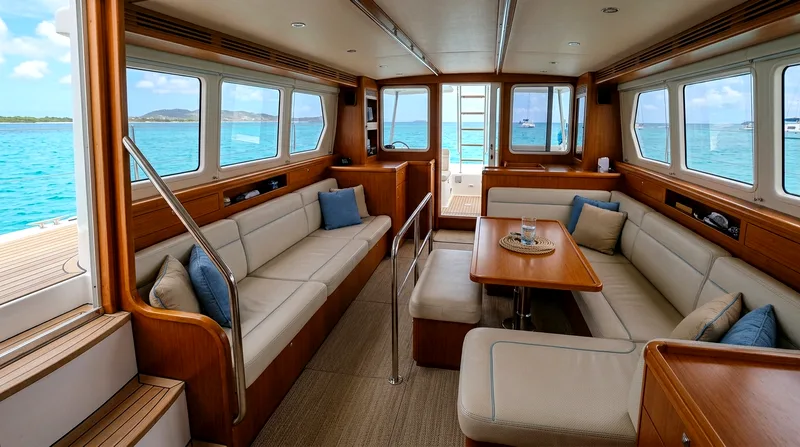 Catamaran lower deck with cushioned seating and open water views