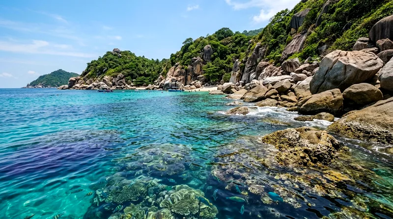 Rocky coastline of Koh Tao with boulders, small coves and visible coral