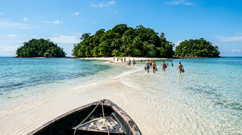 White sandbar connecting three jungle-covered islands at Koh Nangyuan