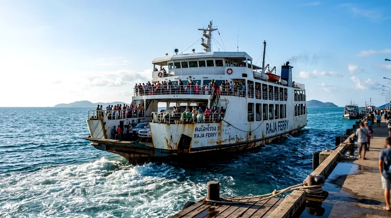 Crowded passenger ferry departing Samui pier with tourists heading to Koh Tao