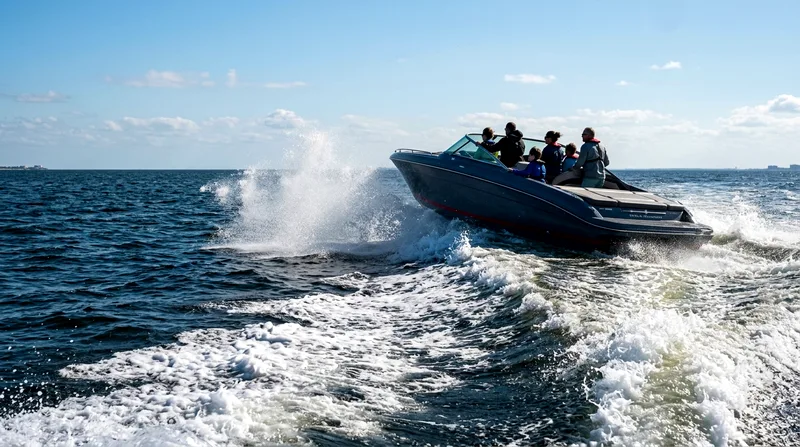 Speedboat packed with tourists racing across choppy seas with visible spray