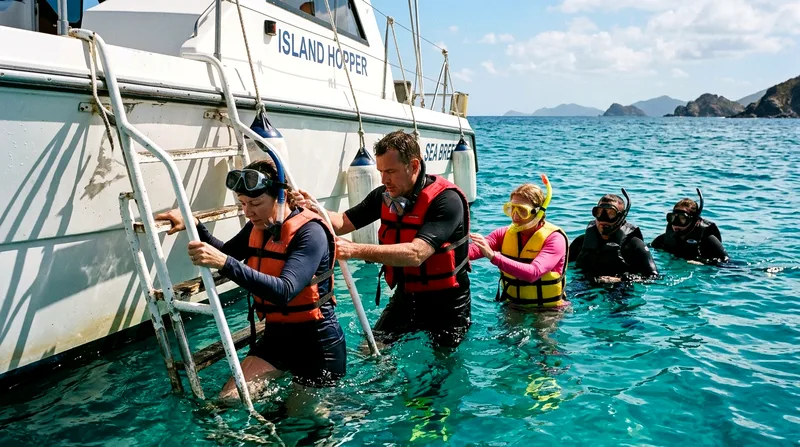 Snorkelers in line entering water from speedboat ladder at Japanese Garden Reef