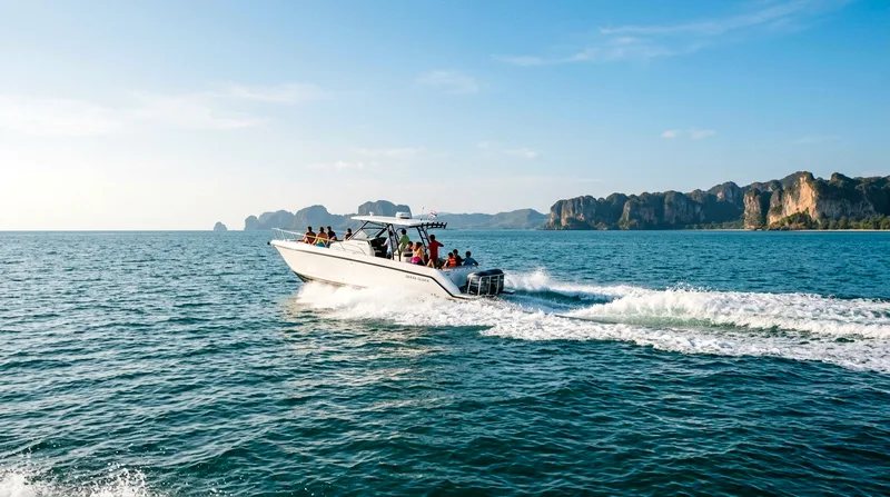 Small-group speedboat with fifteen passengers crossing calm Gulf waters