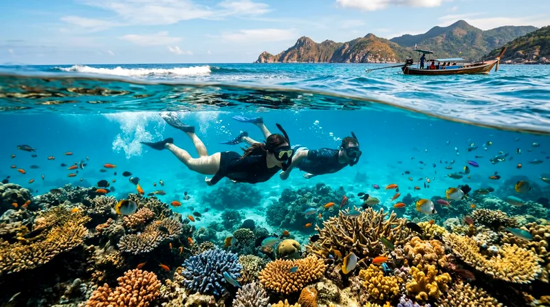 Snorkelers in clear water near coral reef on a Koh Tao snorkeling tour from Samui
