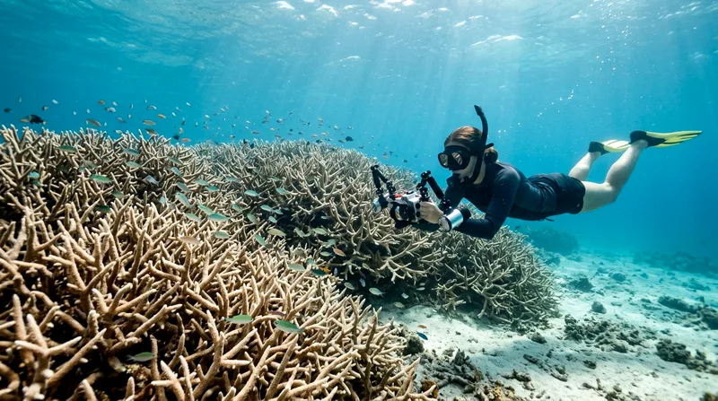 Snorkeler photographing healthy staghorn coral at Japanese Garden Reef