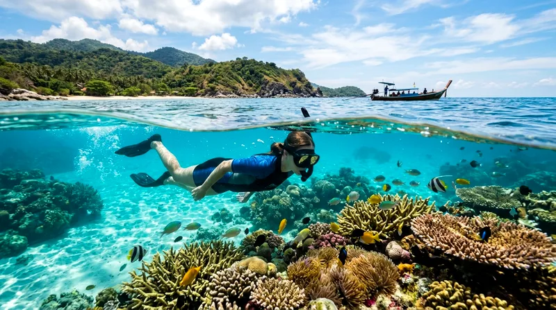 Snorkeler in clear water near Koh Tan during peak Samui boat tour visibility season