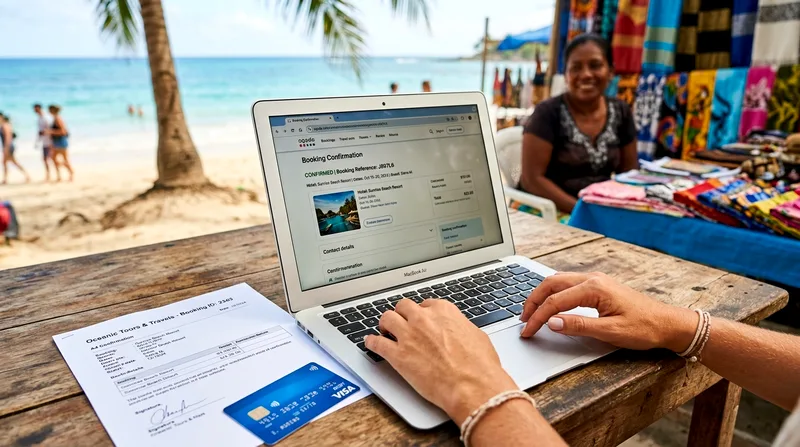 Tourist booking boat tour on laptop at seaside vendor stall desk