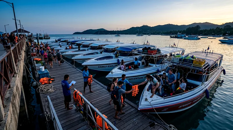 Crowded Chaweng Beach pier at dawn with multiple tour speedboats preparing for departure