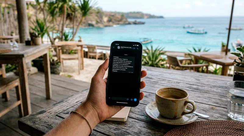 Tourist sending boat cancellation message via WhatsApp on phone