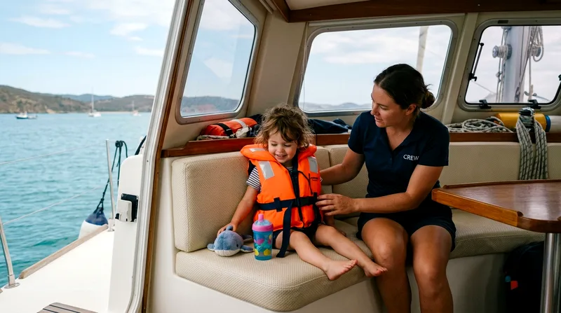 Toddler in bright life jacket sitting safely on cushioned seat in open cabin