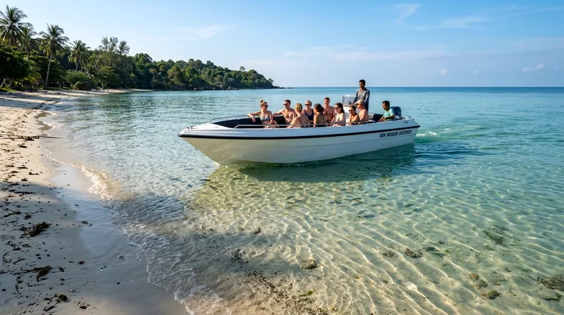 Speedboat departing shallow, protected Koh Madsum beach with shallow water visible