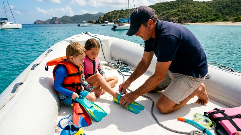 Crew member helping two young children put on snorkeling fins before water entry