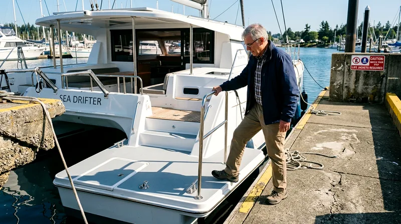 Passenger using metal handrail stepping carefully onto stable catamaran from dock