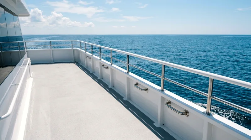 Catamaran's open deck with sturdy white railings and clear water sightlines