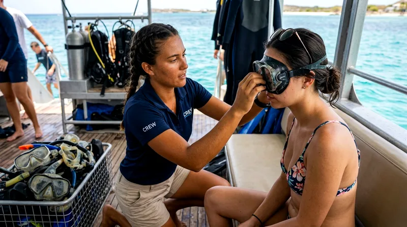 Staff member fitting rental snorkel mask on tourist before water entry