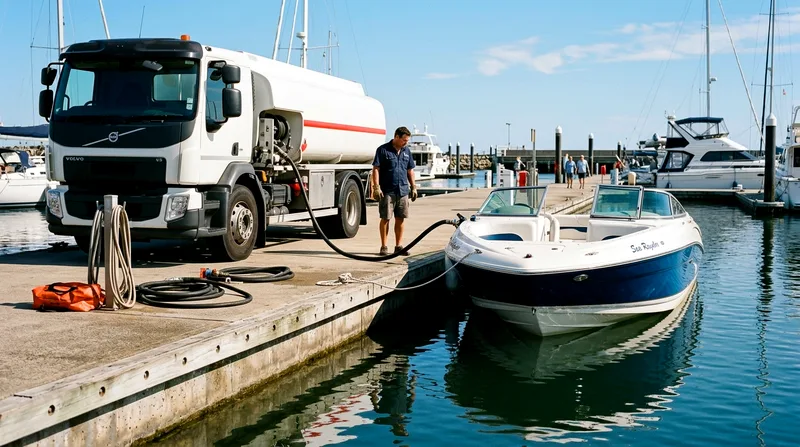 Fuel tanker truck pumping diesel into speedboat at Samui marina dock