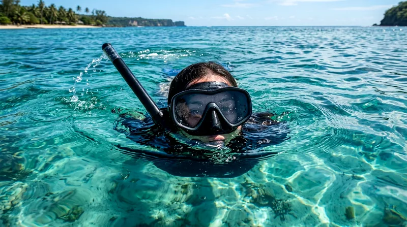 Snorkeler's submerged face wearing provided mask and snorkel gear from tour operator