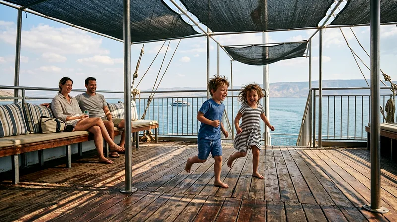 Two children playing on catamaran's lower shaded deck during calm sunset cruise