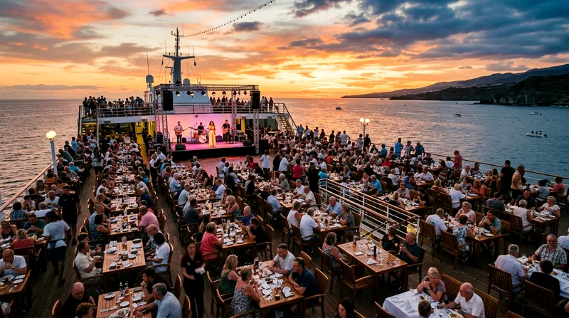 Crowded deck of large 150-person dinner boat with entertainment stage and crowds