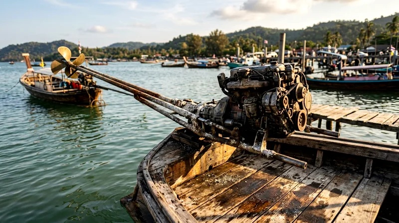 Close-up of longtail boat's long propeller shaft and engine assembly