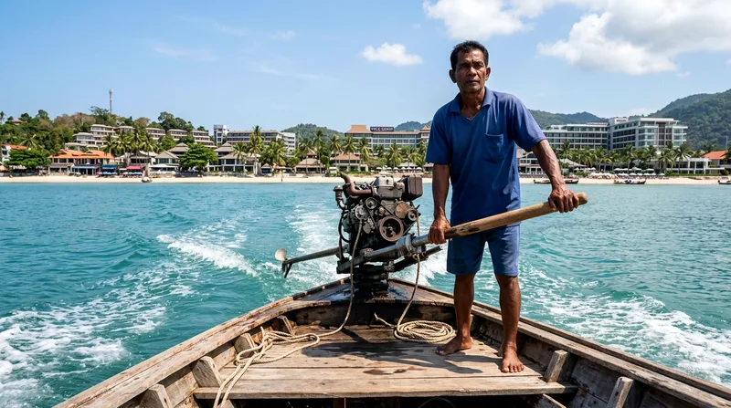 Longtail boat operator steering from stern during daytime cruise