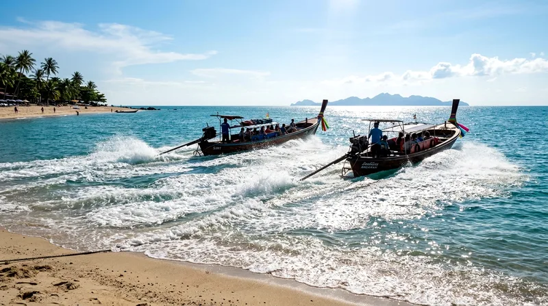 Two longtail boats departing Lamai Beach toward Koh Tao island in distance