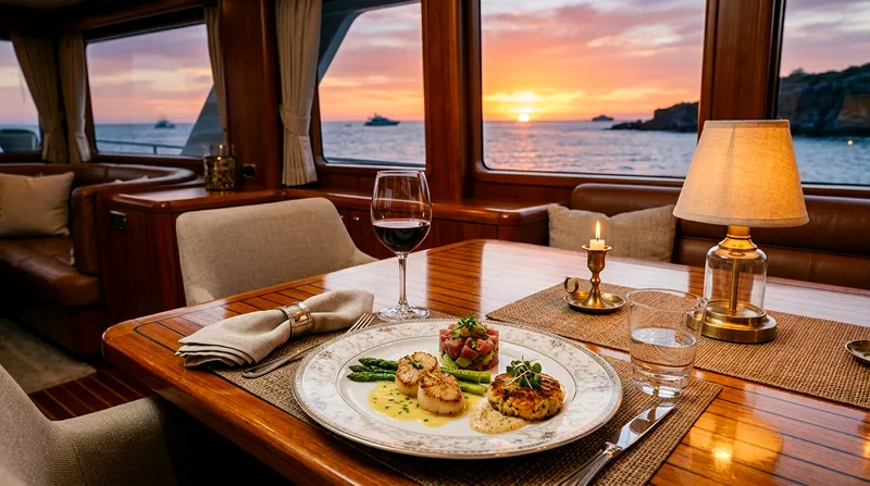 Elegant plated dinner course served on luxury yacht's polished teak dining table
