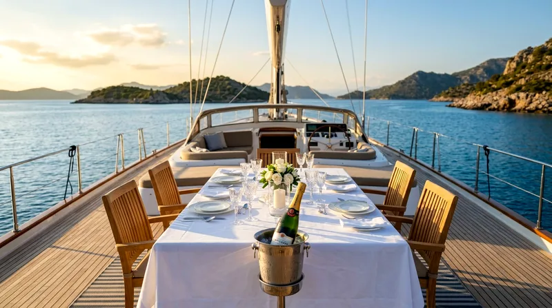 Luxury yacht's aft deck set for intimate dinner service with four places and champagne