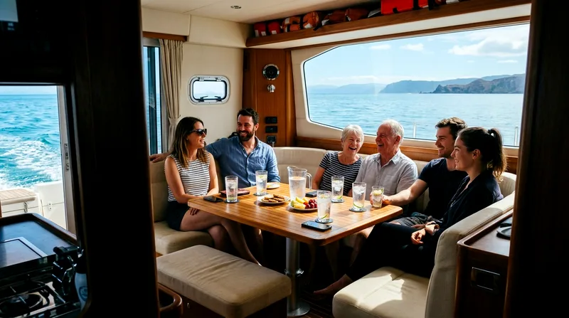 Three couples seated in spacious catamaran cabin with cushioned seating