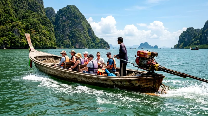 Traditional wooden longtail boat with exposed engine at stern ready for departure