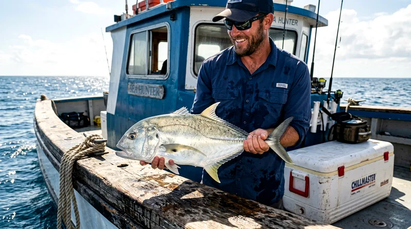 Fisherman holding freshly caught trevally on charter boat deck