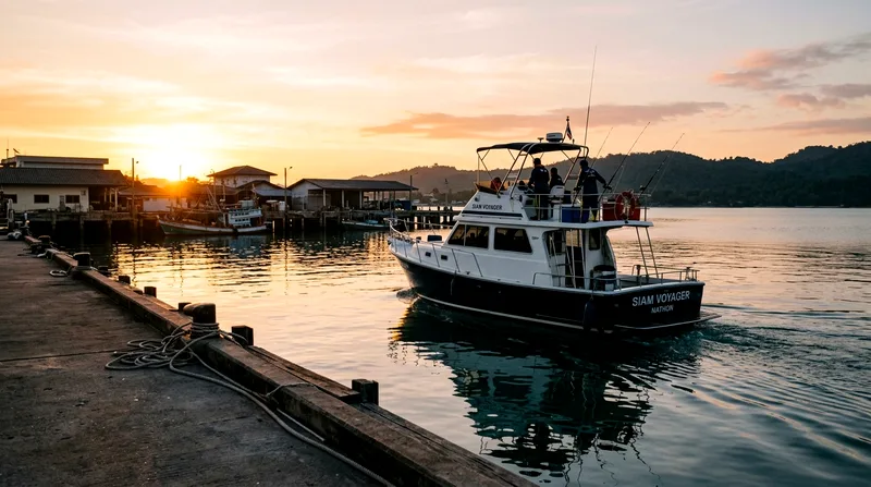 Private fishing boat departing from Nathon Pier at dawn for full-day charter